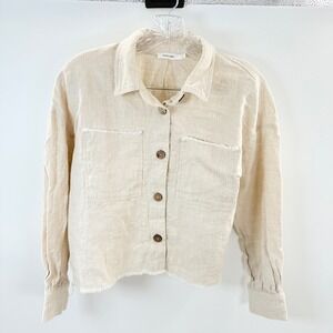 Mod Ref‎ Linen Blend Shirt Jacket Frayed Hem Button Down Pockets Beige Small